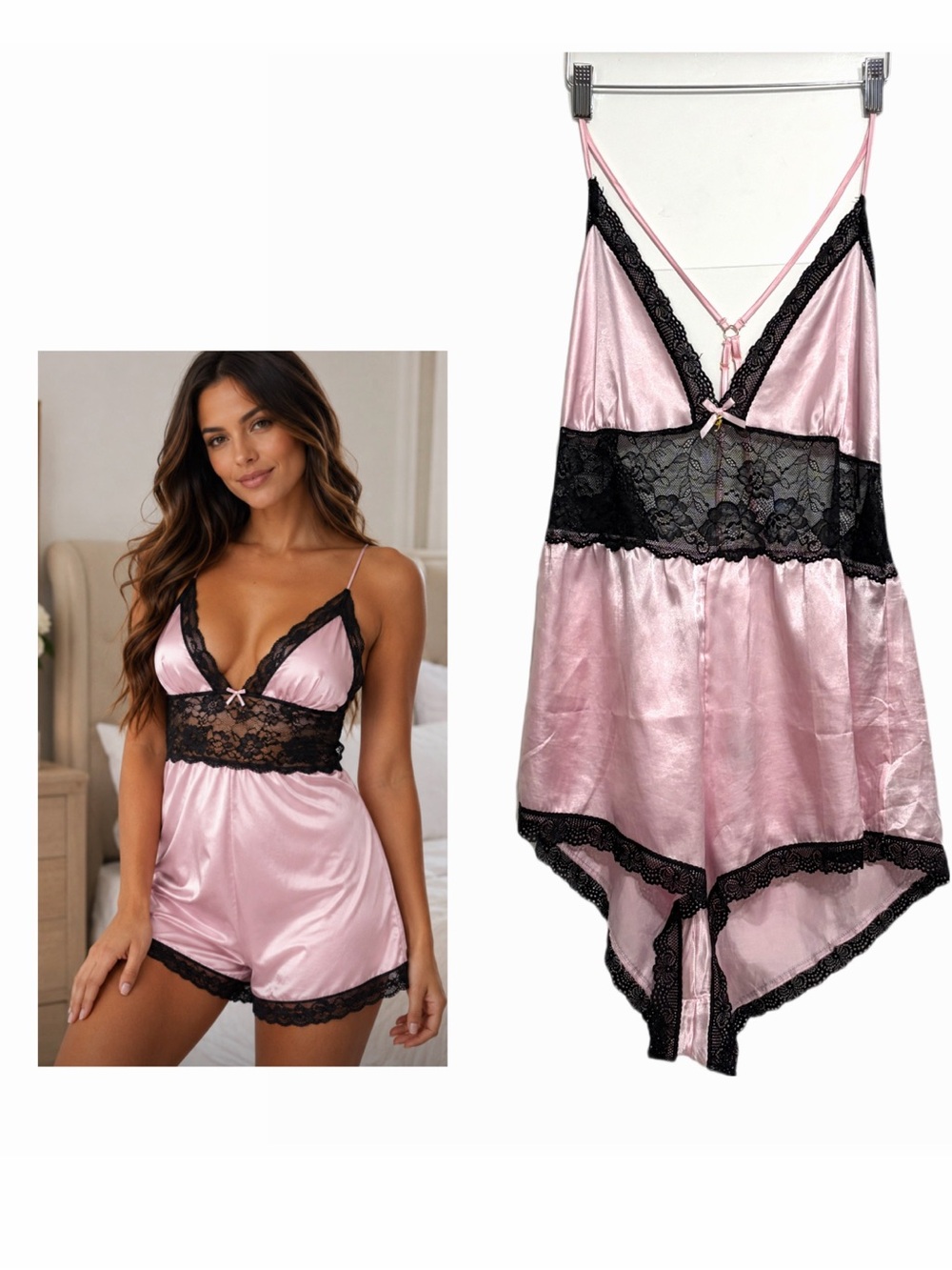 Frederick's of Hollywood Vintage Pink Satin Lingerie Teddy with Black Lace XXXL